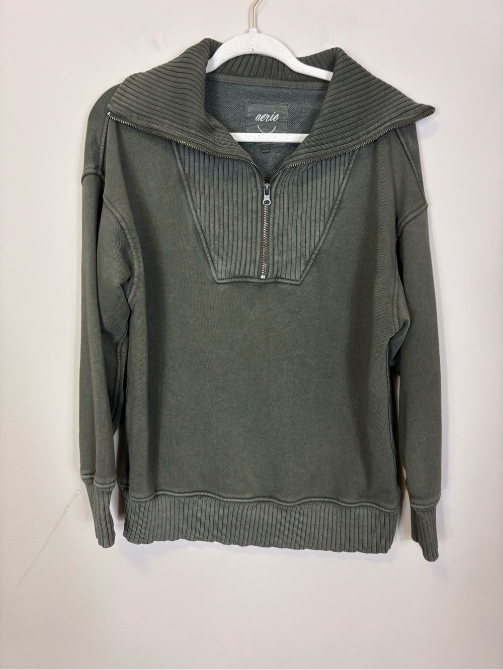 aerie Women’s Olive Green Oversized Zip-Neck Pullover Terry Sweatshirt XS